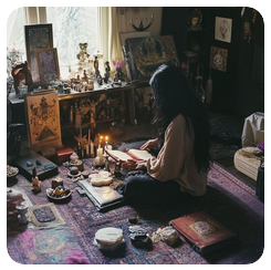 A Pinterest screenshot featuring a woman sitting cross-legged in front of a bunch of spell materials, holding a book.